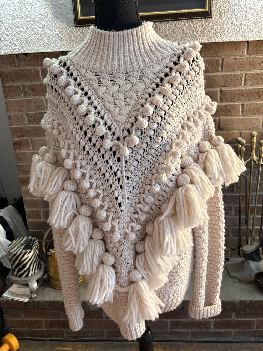 Zimmermann Cream Tassel & Bobble Knit Poncho Sweater